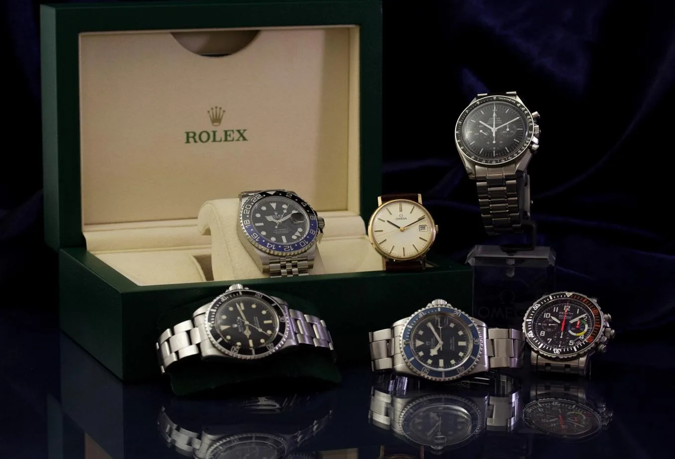Luxury watches collection including Rolex and Omega